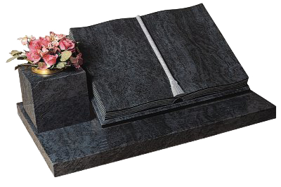 The Epworth Book & Scroll Memorial: A book memorial with fully worked pages with hand worked cord and tassel, side vase in Bahama Blue granite.