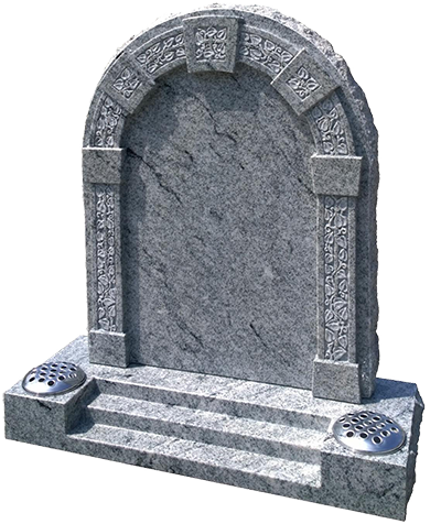 Underwood Kerbset Memorial: Deep carved leaf work adorns the raised columns and archway of this rustic edged headstone, shown in polished M.P. White granite