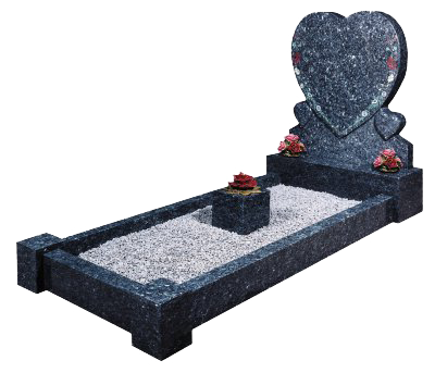 The Wheatley Kerbset Memorial: Distinctive Blue pearl granite from Norway has been shaped by hand to give a triple heart design with coloured floral ornamentation.